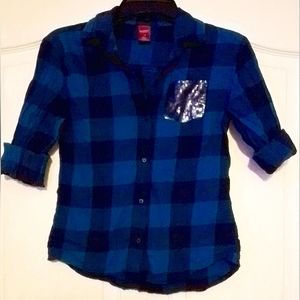 Girls Lg Sz 14 Button Down 3/4th Sleeve Arizona Jeans Company Blue & Black Shirt